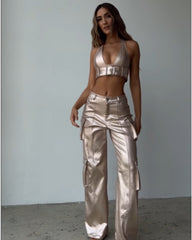 2024ss sexy diagonal deep V cargo pants set