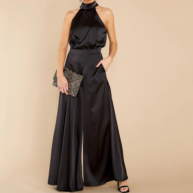 Loose Halter Neck Sleeveless Vest Wide Leg Pants Jumpsuit