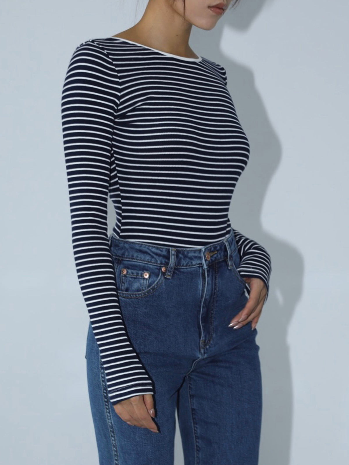 Open Back Stripe Long Sleeve Bodysuit