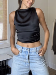 Cowl Neck Ruched Open Back Crop Top