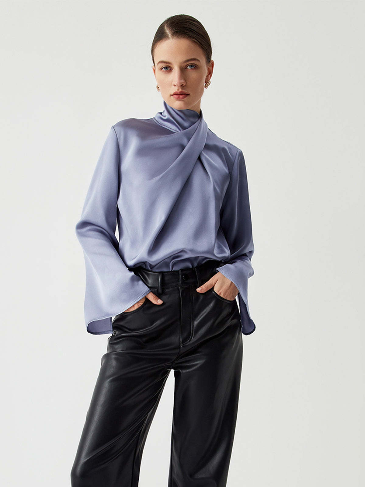 Asymmetric Pleated Turtleneck Satin Shirt