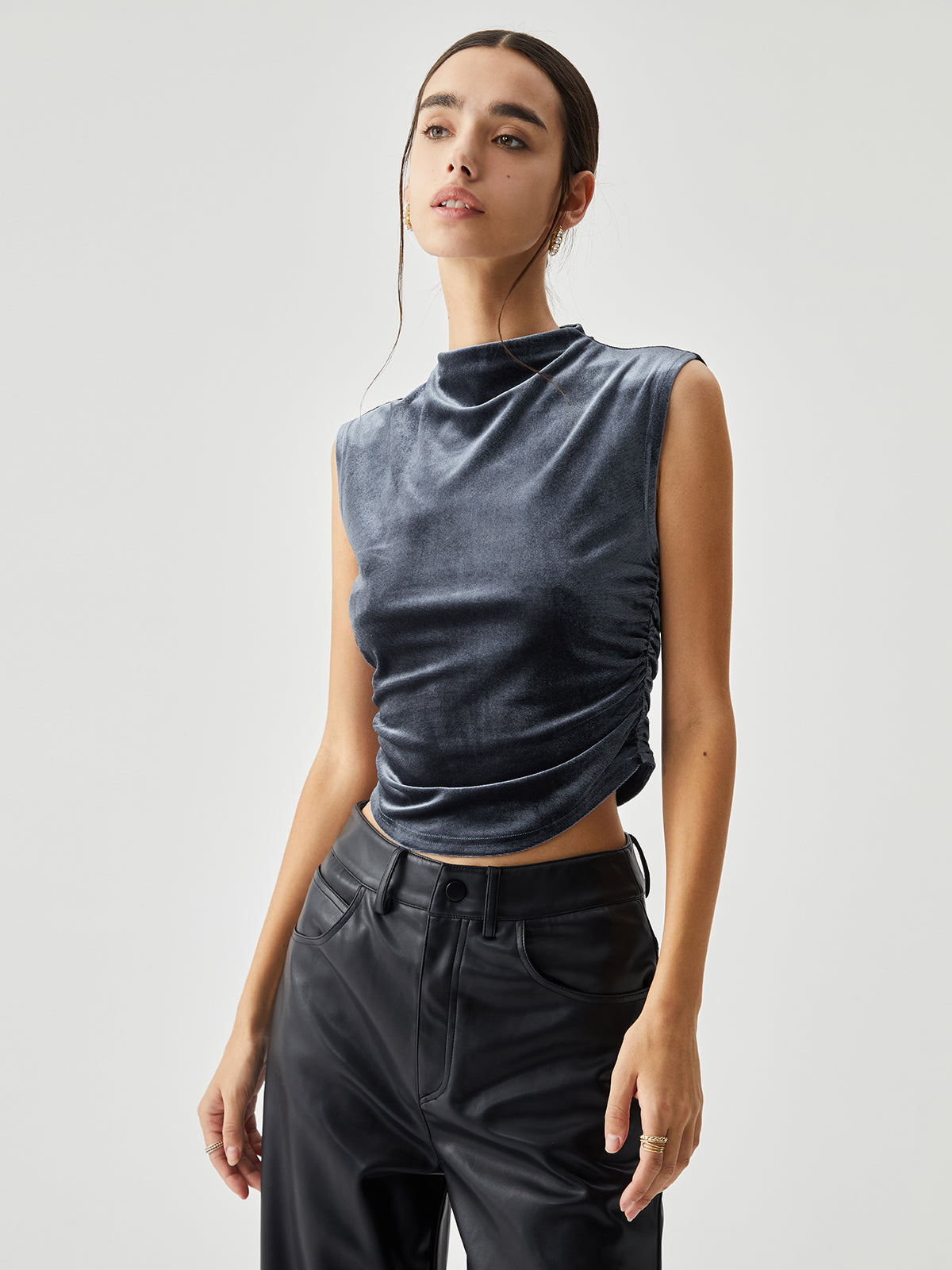 Velvet Draped Mock Neck Sleeveless Crop Top