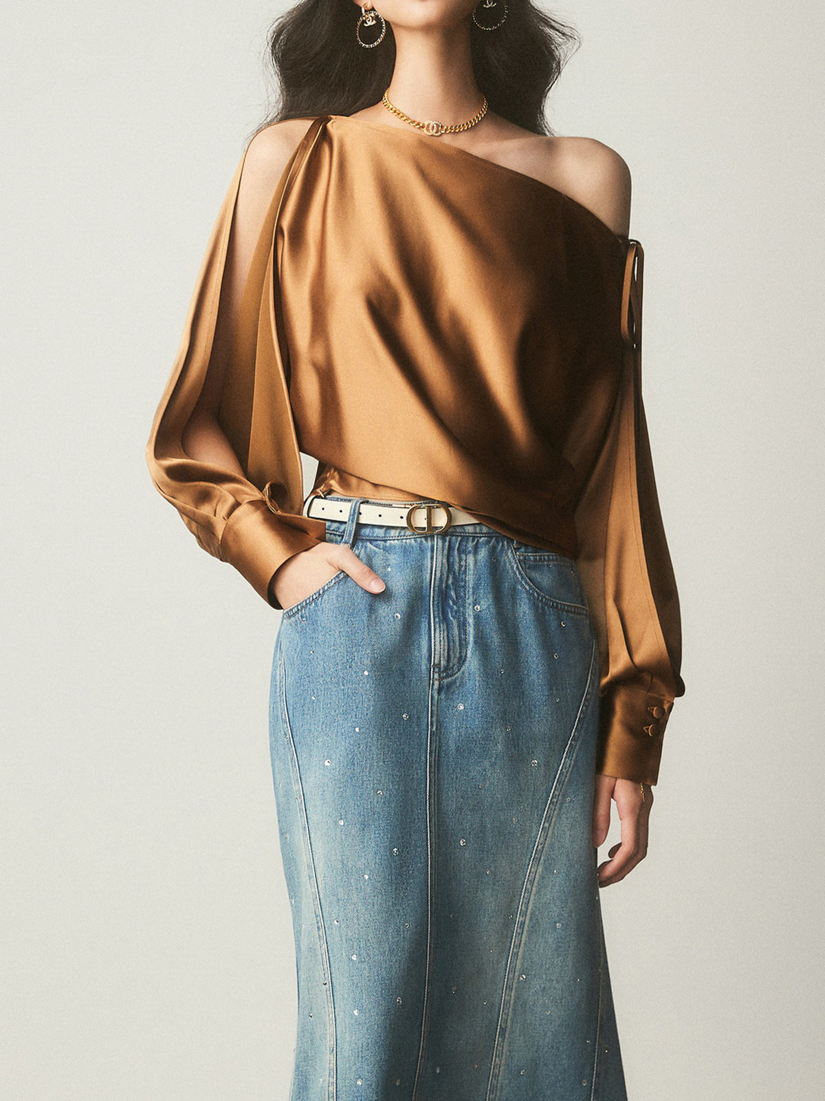 Satin Asymmetrical Cold Shoulder Tied Blouse