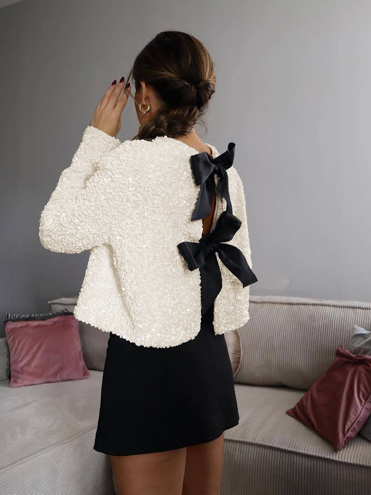 Sequined Velvet Bowknot Decor Blouse