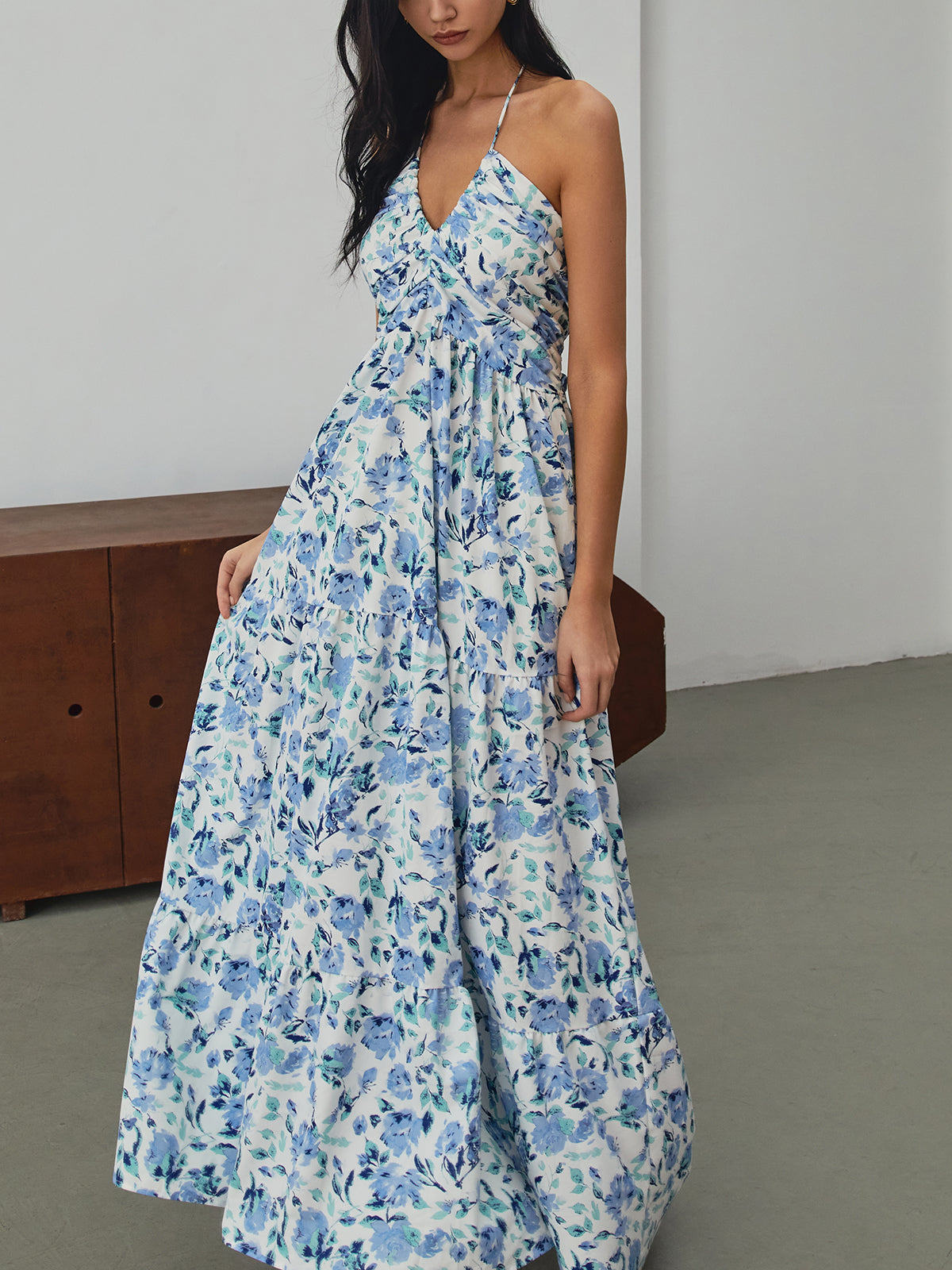 Floral Print Halter Long Dress