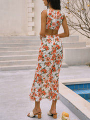 Floral Print Knotted Cutout Split Long Dress