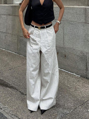 Striped Pockets Wide Leg Pants Without Belt