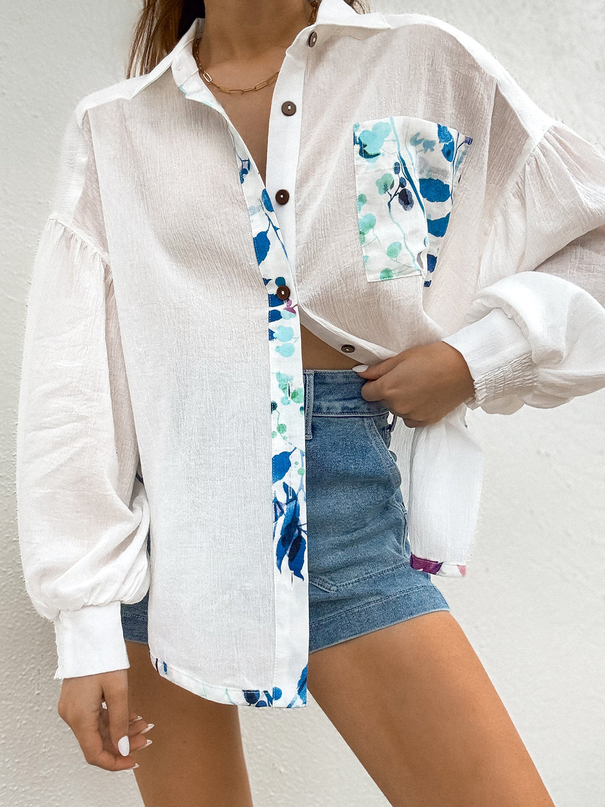 Floral Button Up Bishop Sleeve Shirt