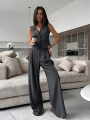 Solid V-Neck Waistcoat With Wide Leg Pants Set