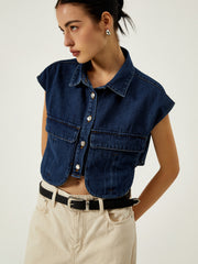 Denim Pockets Turn Down Collar Vest