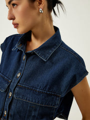 Denim Pockets Turn Down Collar Vest