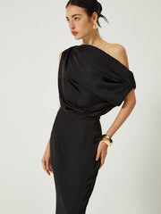 Satin One Shoulder Off Split Long Dress