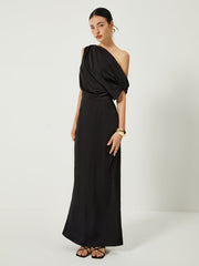 Satin One Shoulder Off Split Long Dress