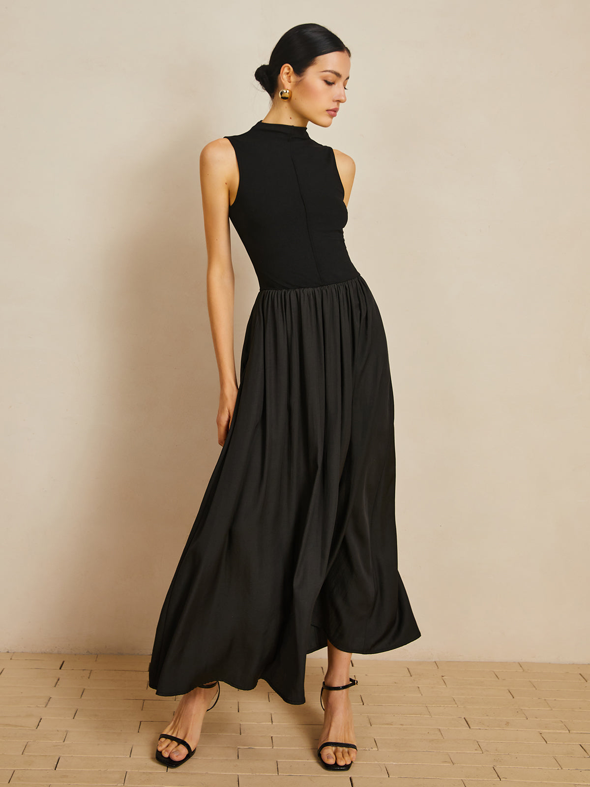 Solid Mock Neck Sleeveless Long Dress