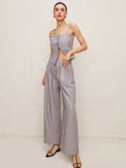 Pleated Sleeveless Plain Pants Set