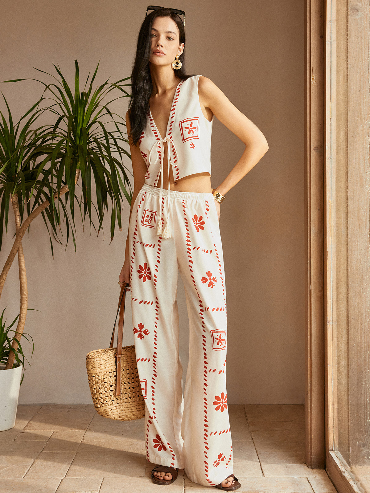 Print Knotted Tassel Pants Set