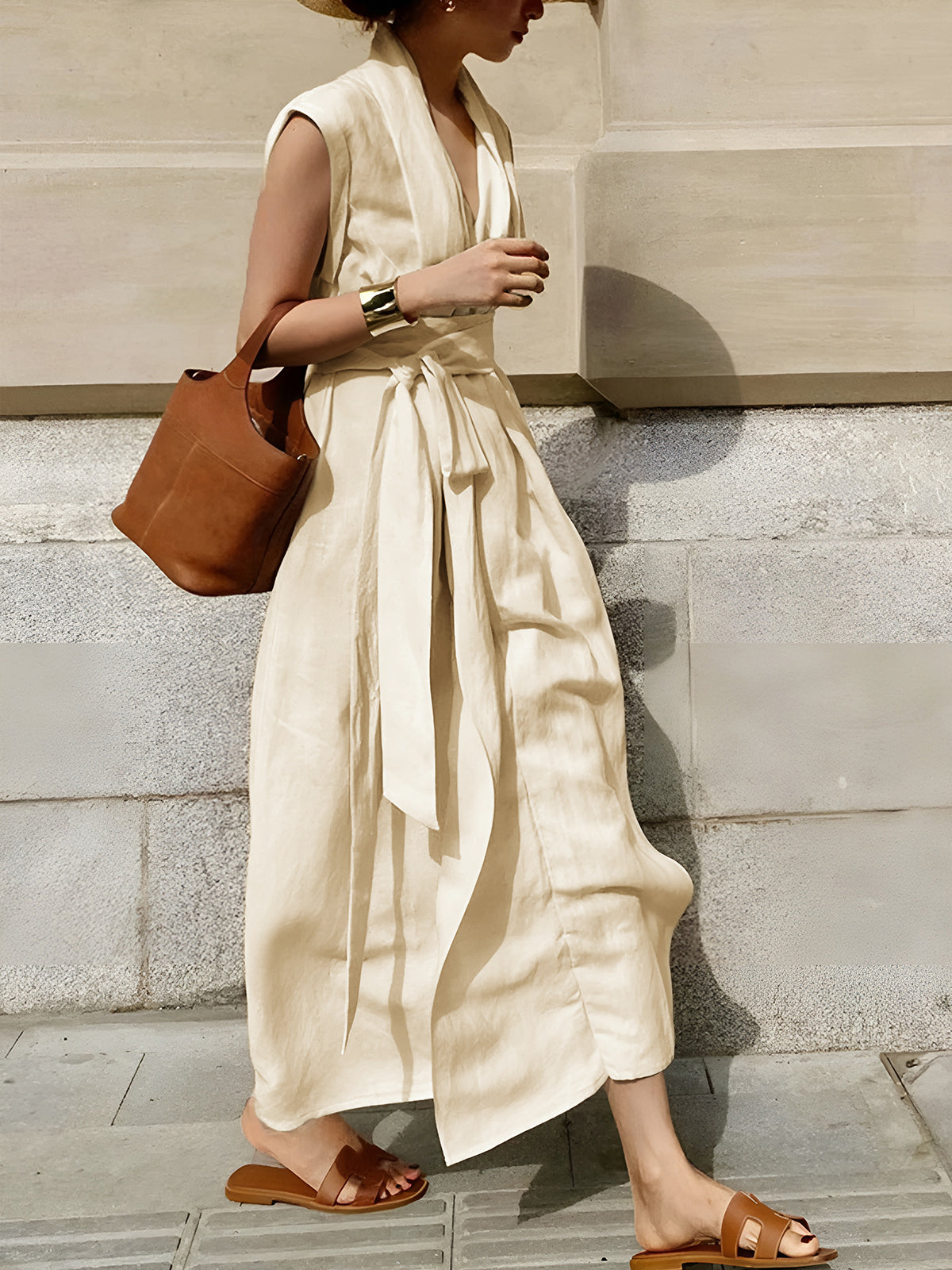 Cotton & Linen Belted Sleeveless Long Dress