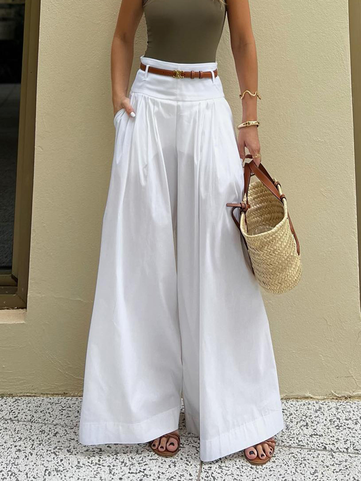 Cotton Pleated Wide Leg Pants