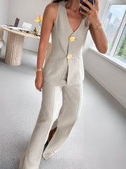 Button Split Sleeveless Pants Set