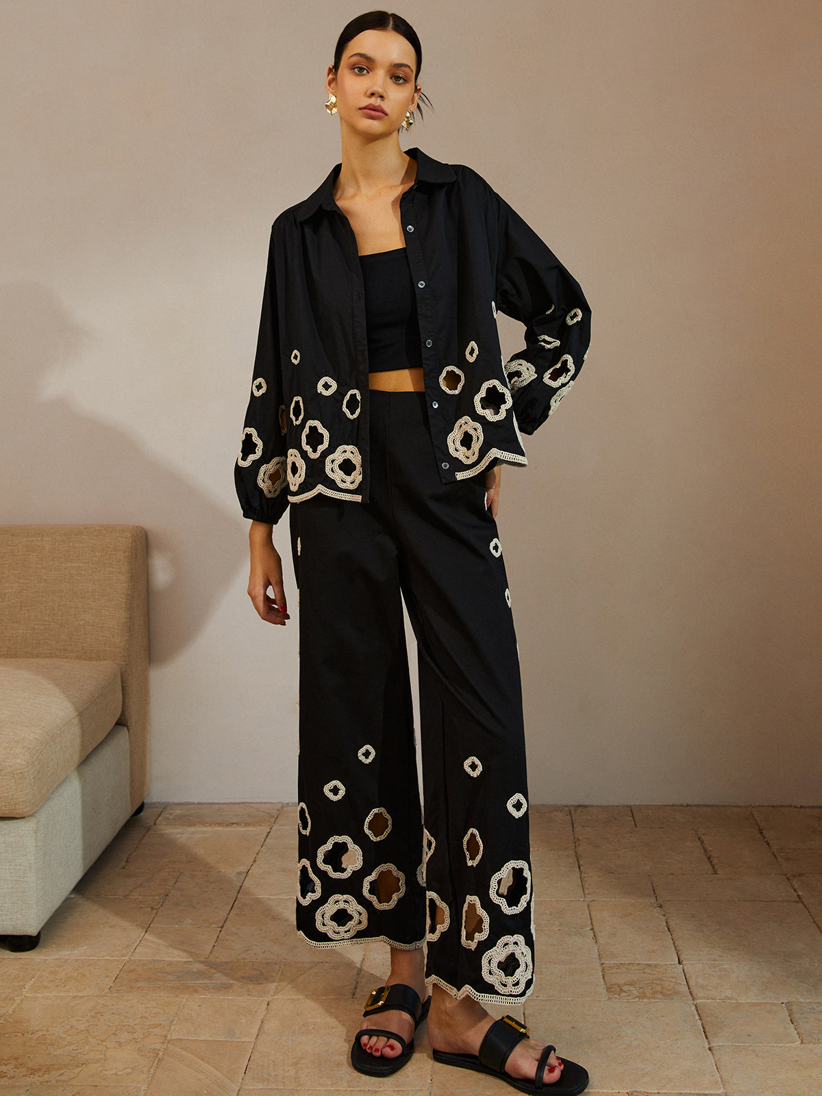 Cotton Hollow Embroidered Cropped Pants