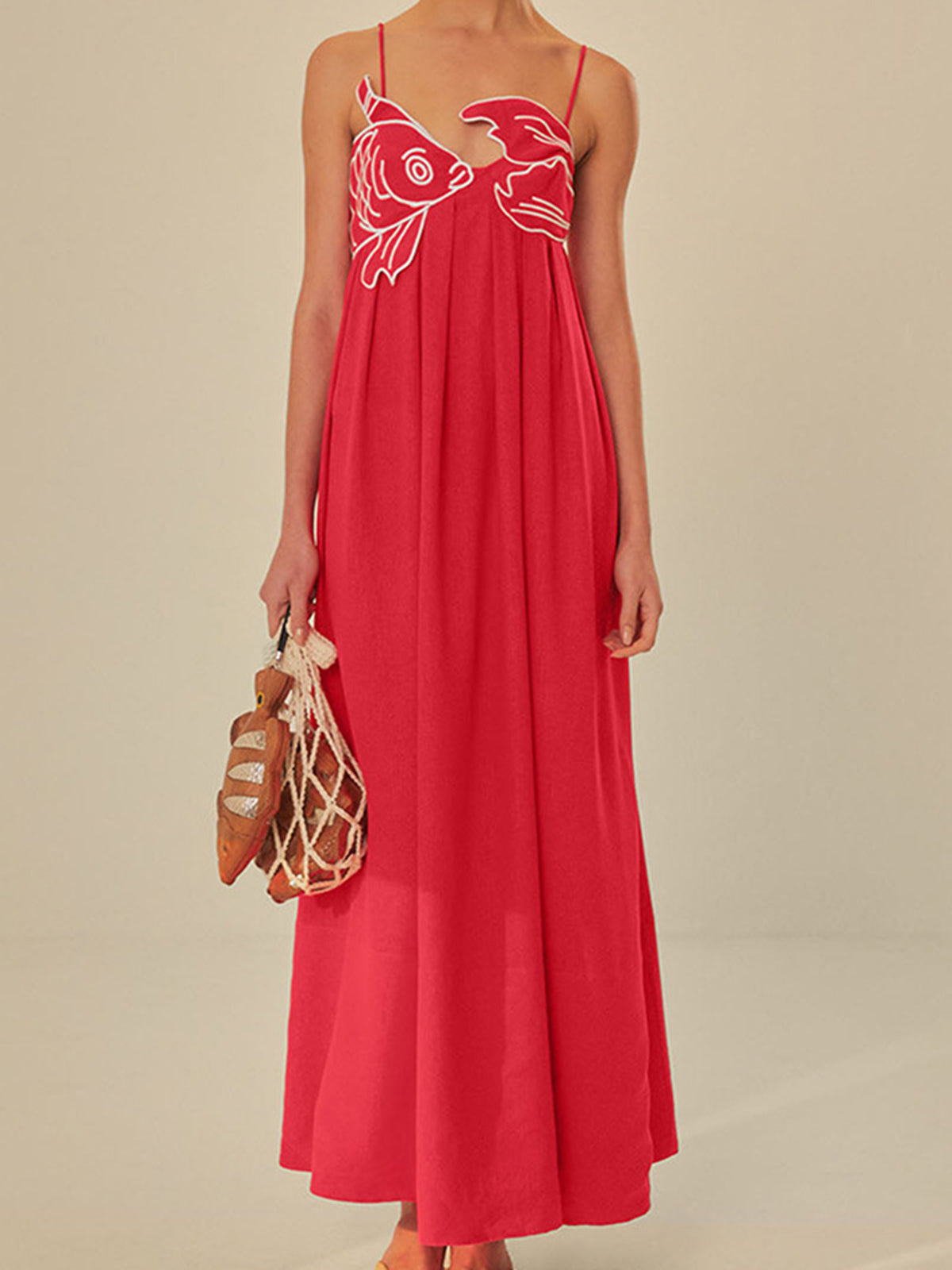 Embroidered Fish Spaghetti Strap Midi Dress