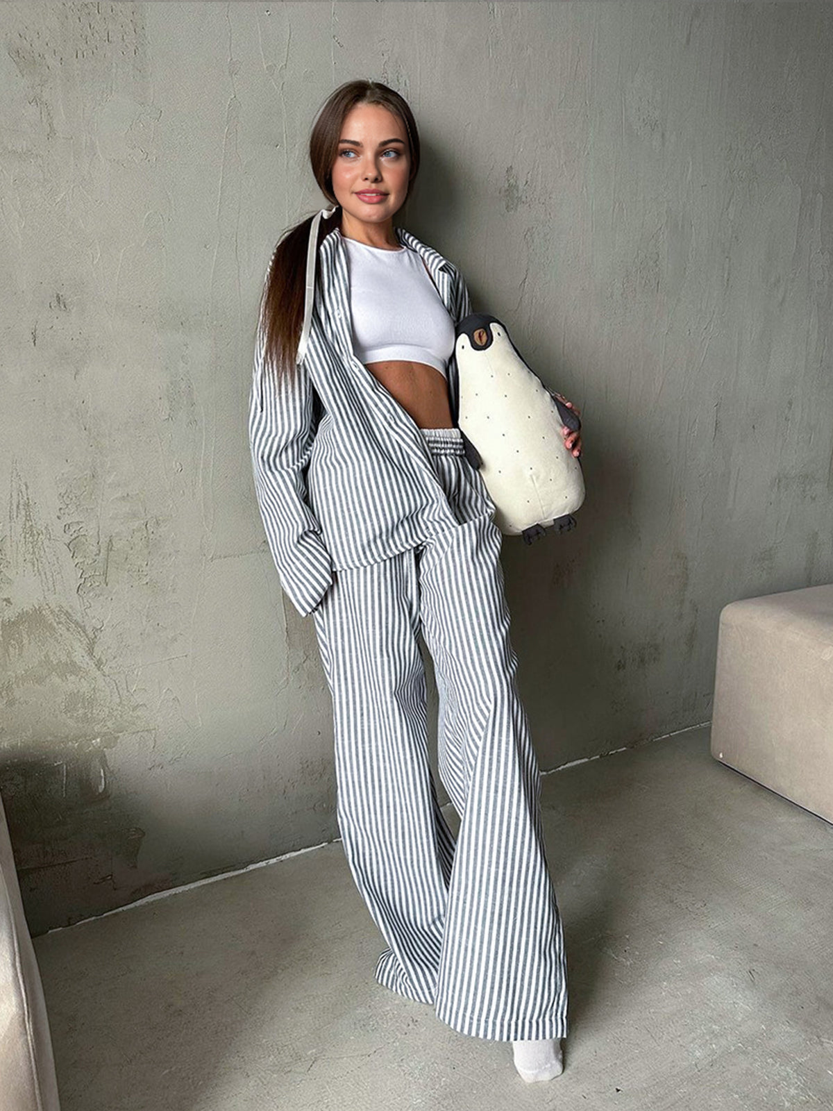 Pinstripe Lapel Long Sleeve Pants Set