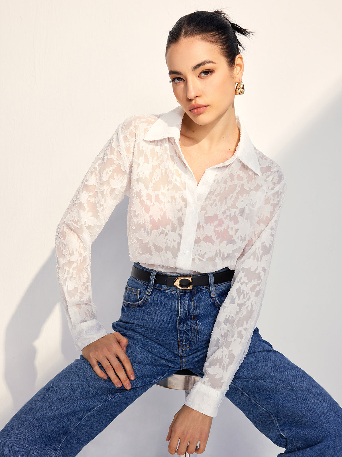 Semi-Sheer Jacquard Button Shirt