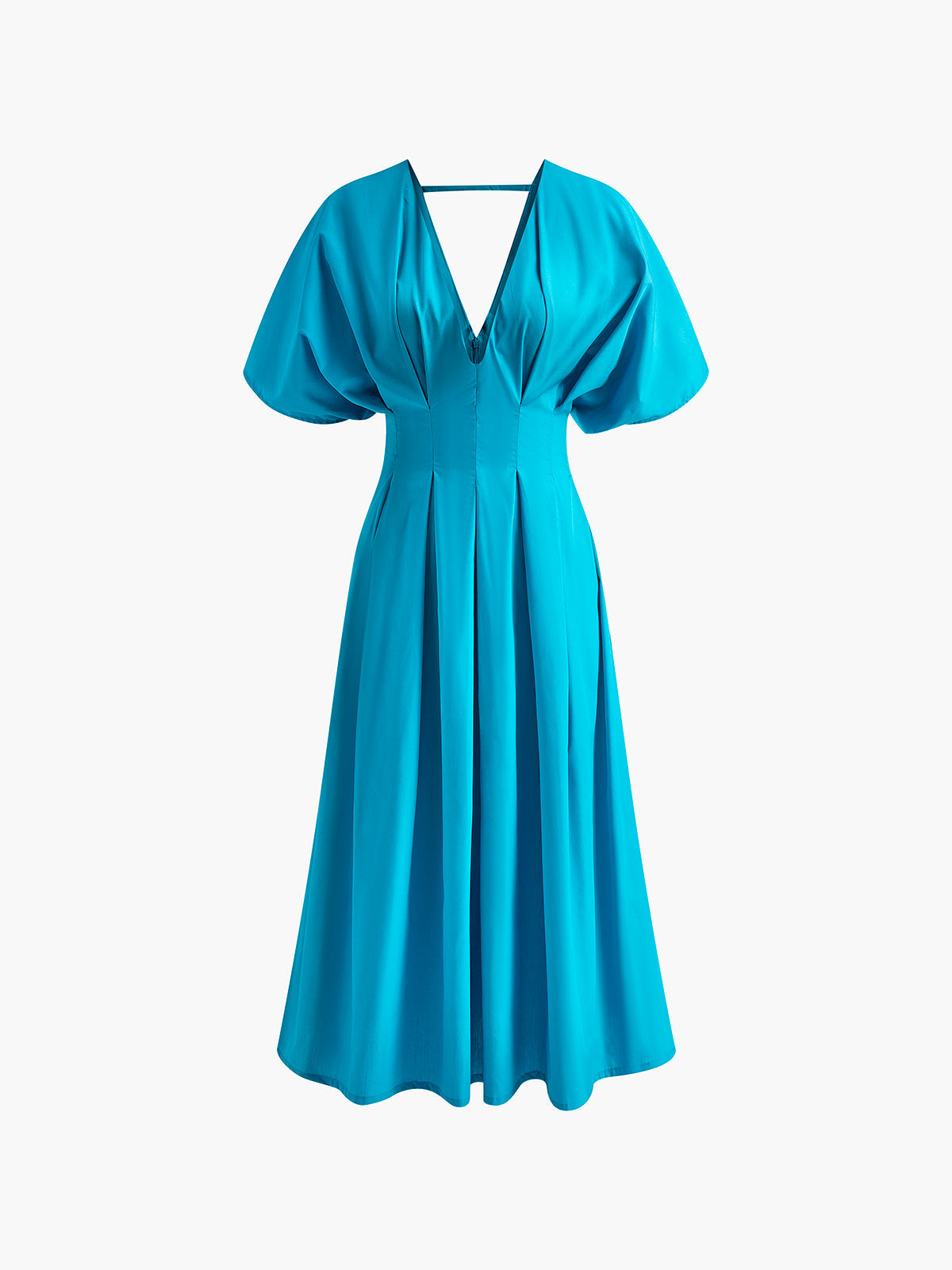 V-Neck Pleated Bell-Sleeve Dress