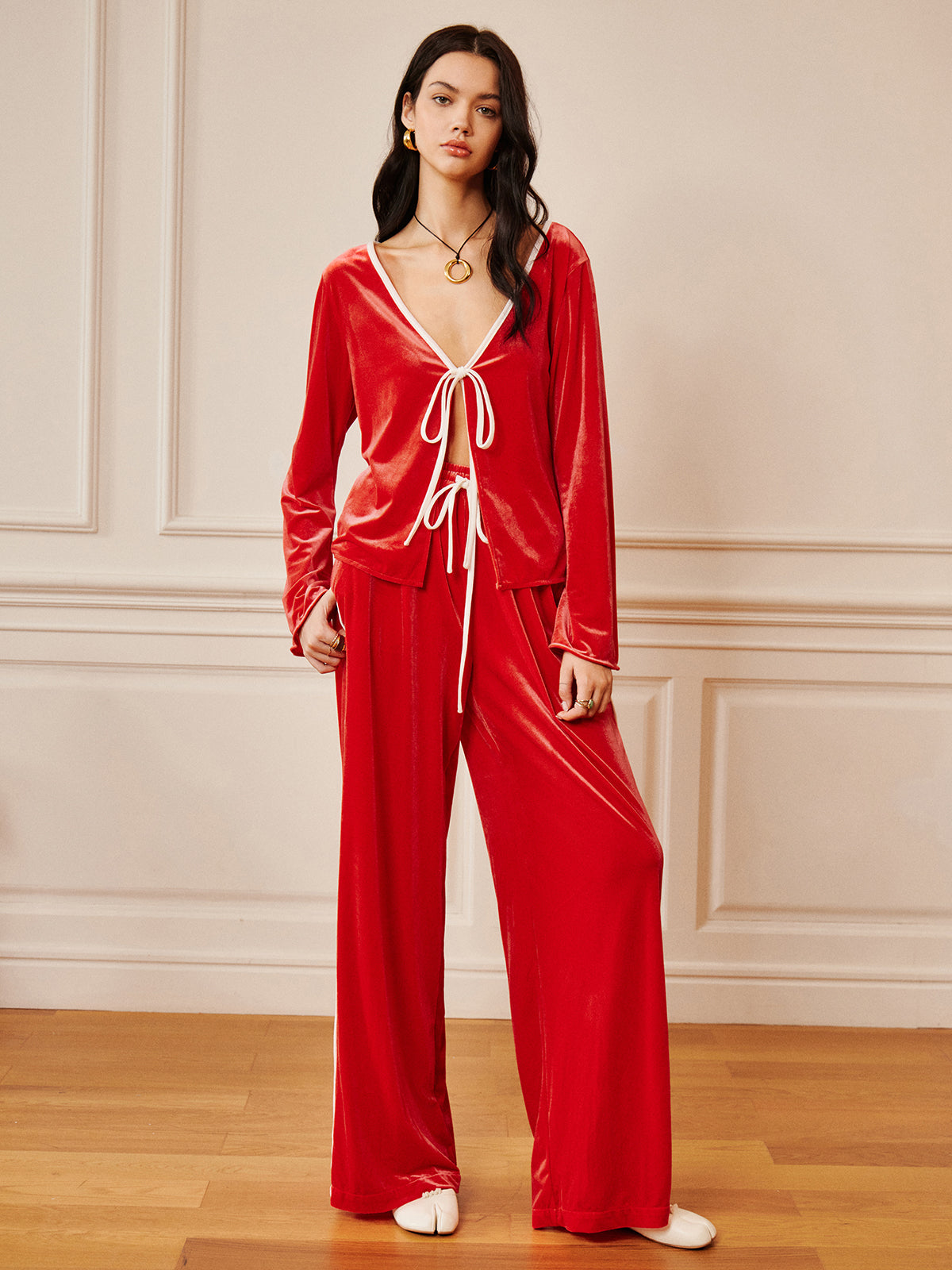 Velvet Lace Up Draped Pants Set