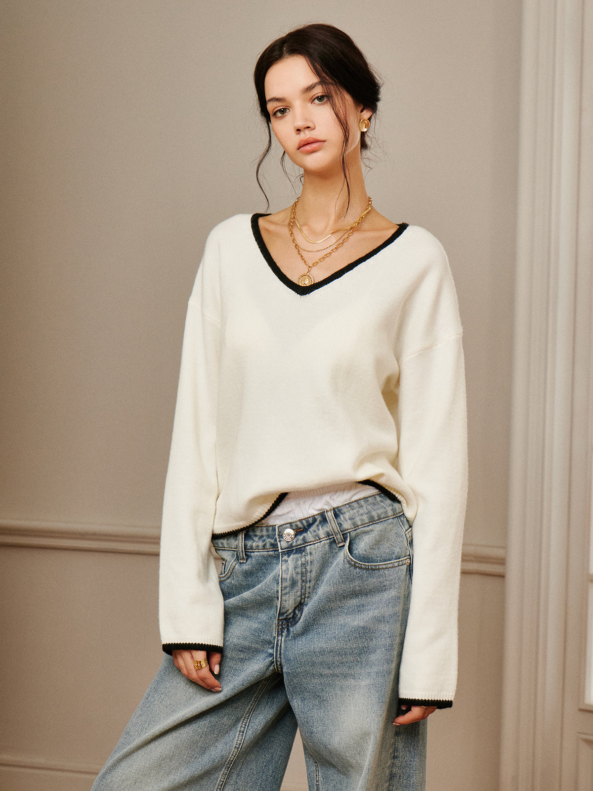 Embroidered Trim Draped Shoulder Knit Top