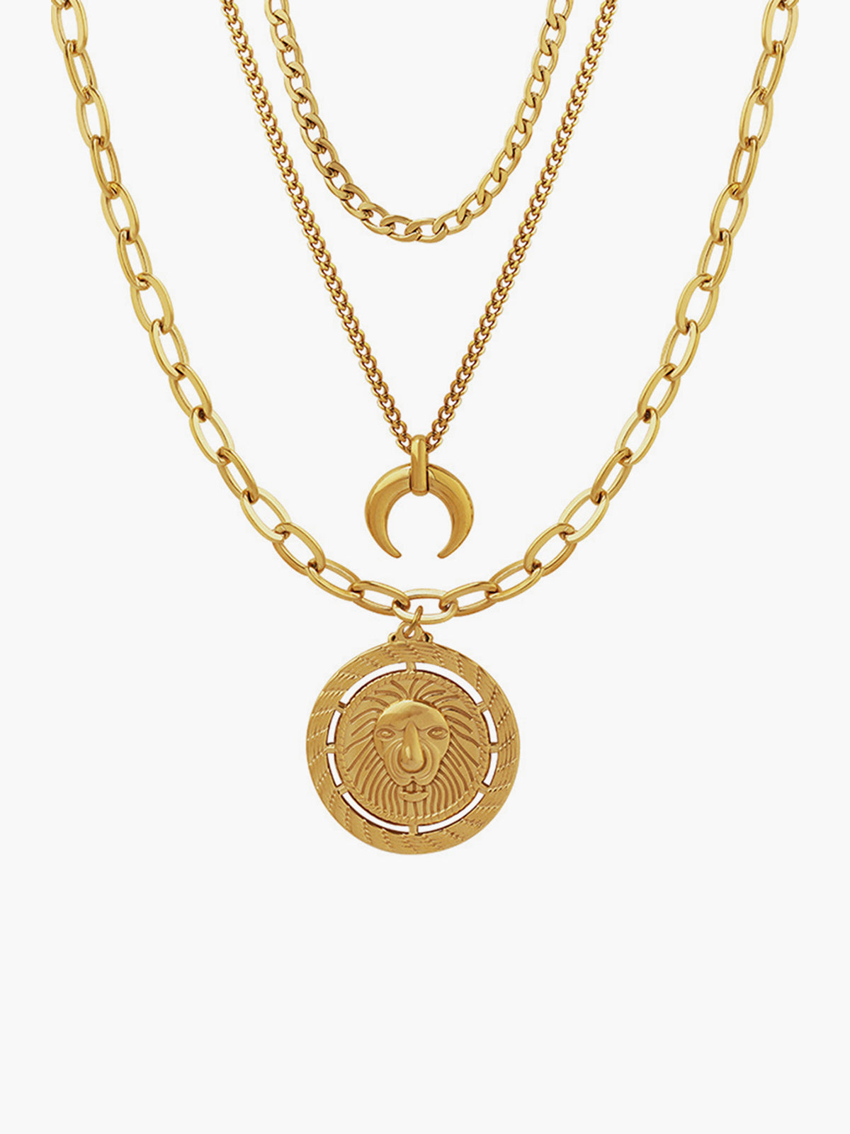 Layering Moon Lion Circle Pendant Necklace