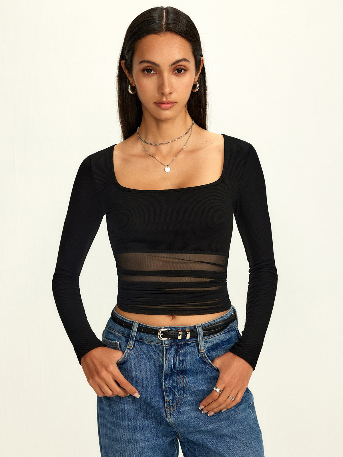 Mesh Square Neck Semi-Sheer Blouse