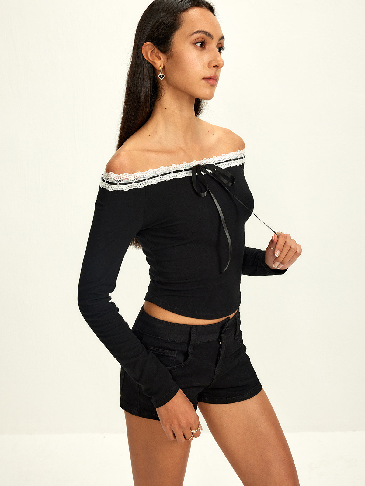 Off-Shoulder Lace Trim Blouse