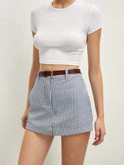 Pinstripe Pockets Shorts With Belt