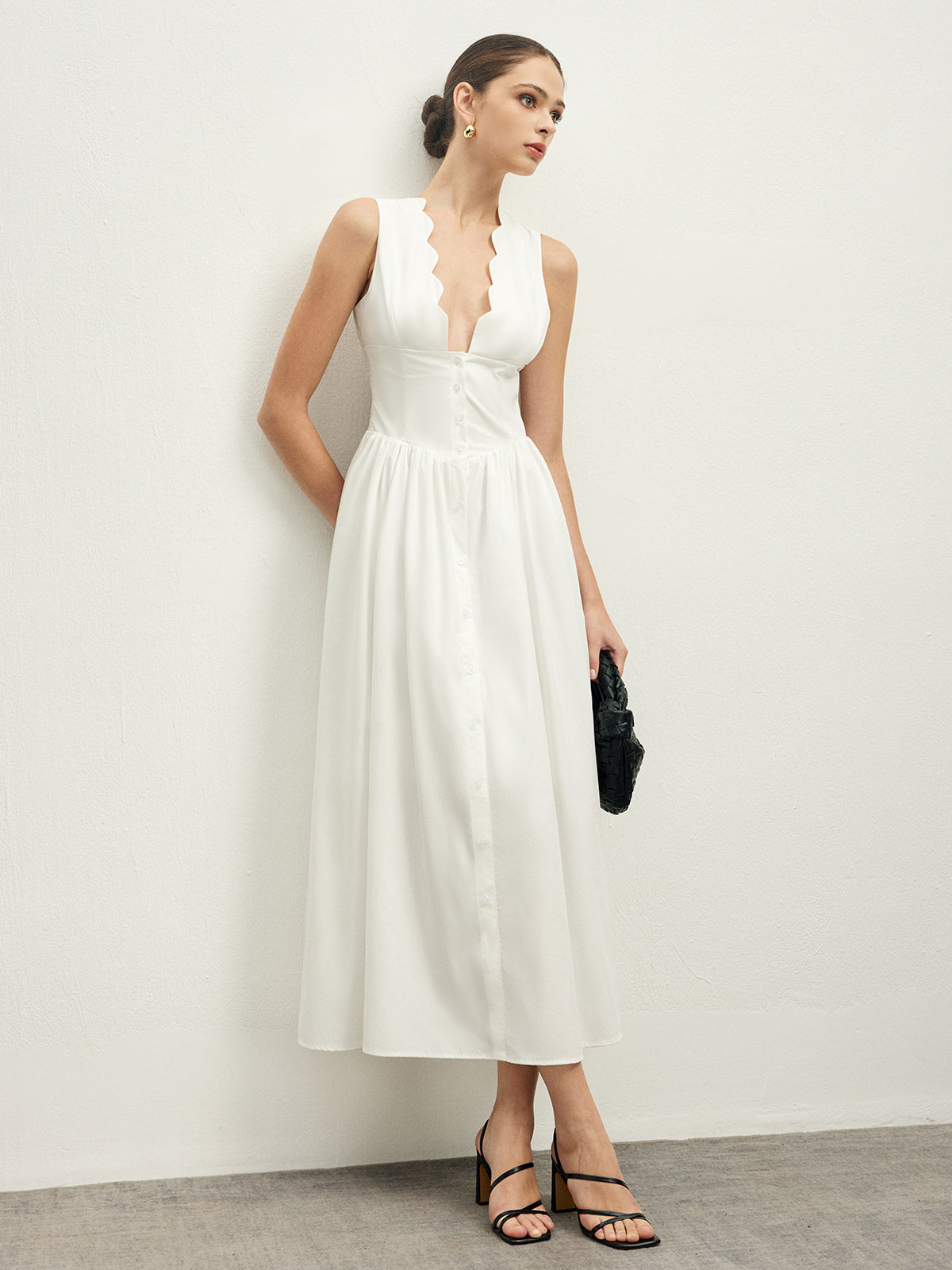 Ruffle Trim Neck Button Sleeveless Dress