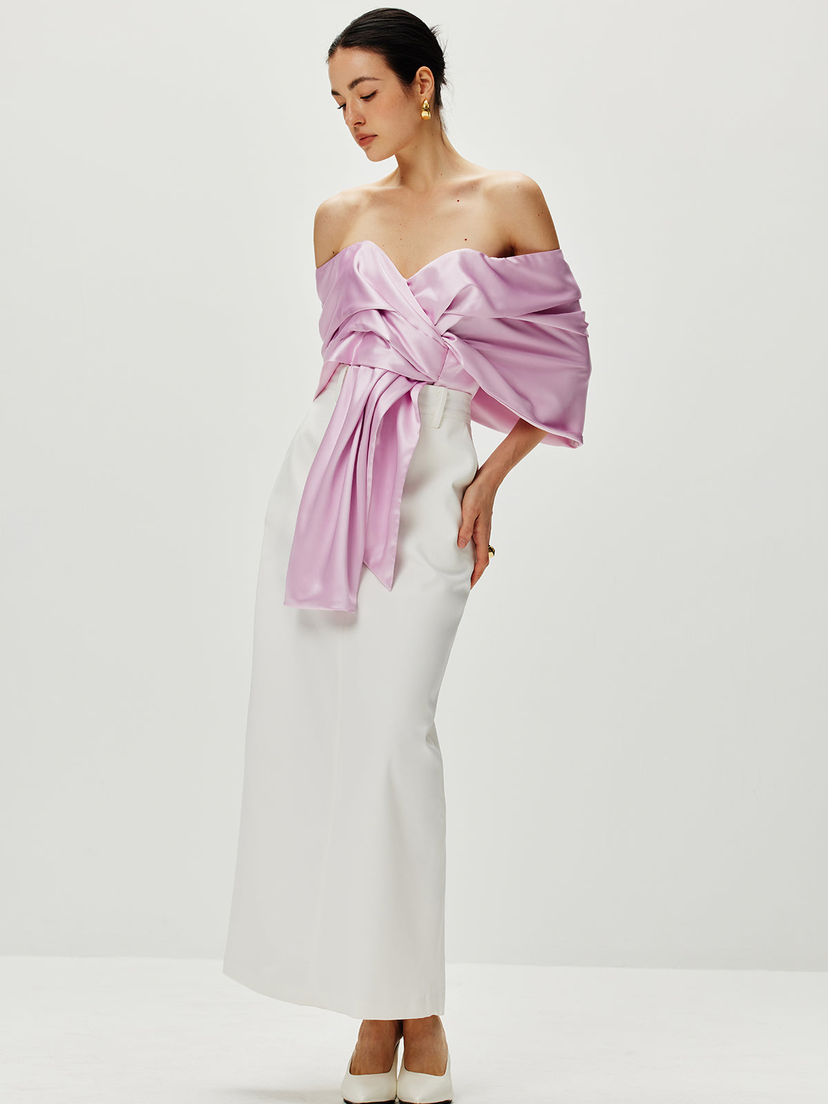 Satin Pleated Off Shoulder Top