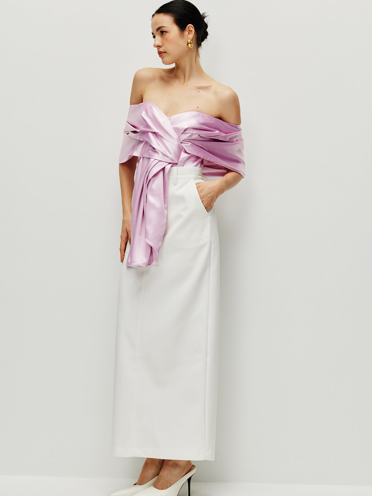 Satin Pleated Off Shoulder Top