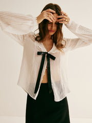 Ruffle Neck Pinstripe Semi-Sheer Shirt