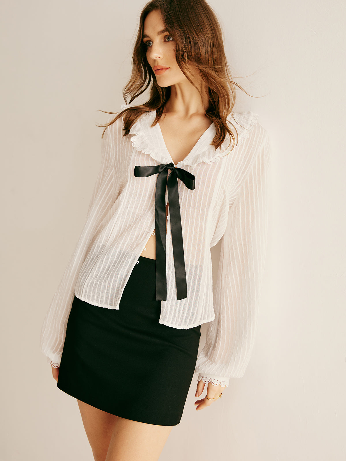 Ruffle Neck Pinstripe Semi-Sheer Shirt