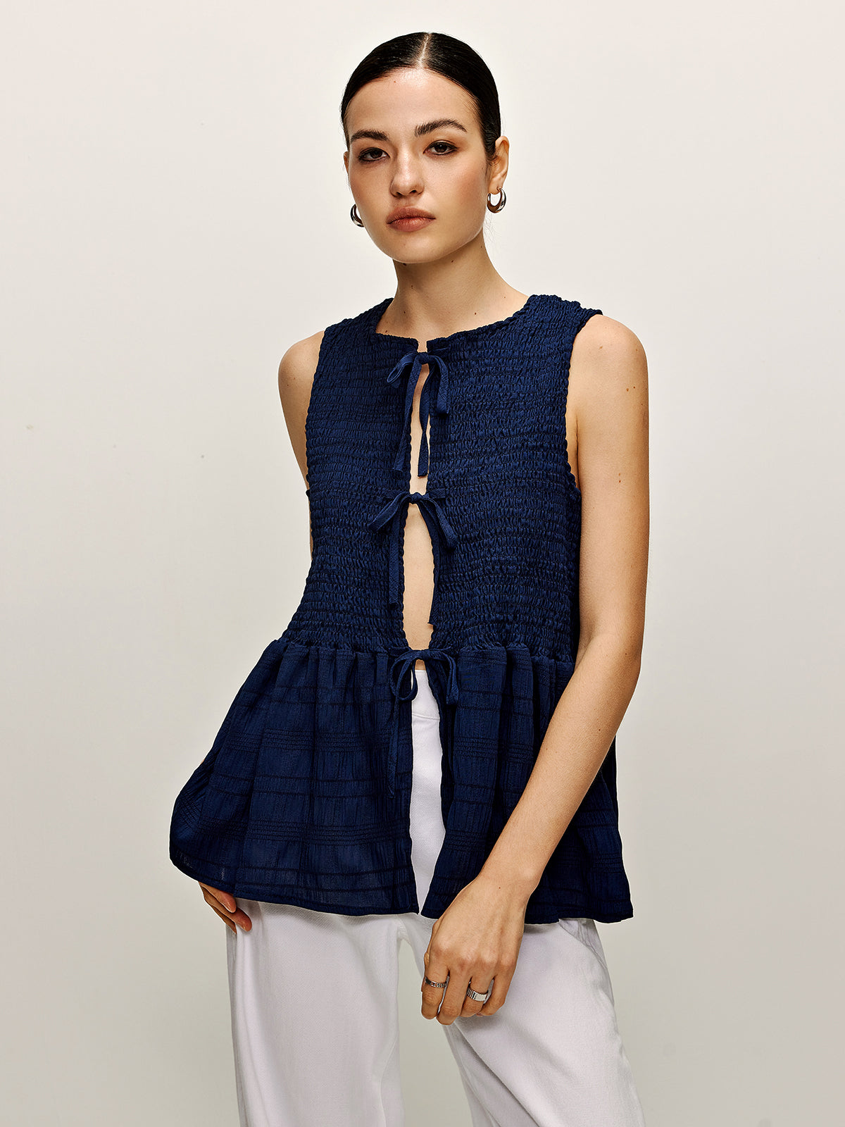 Shirred Lace Up Ruffle Tank Blouse