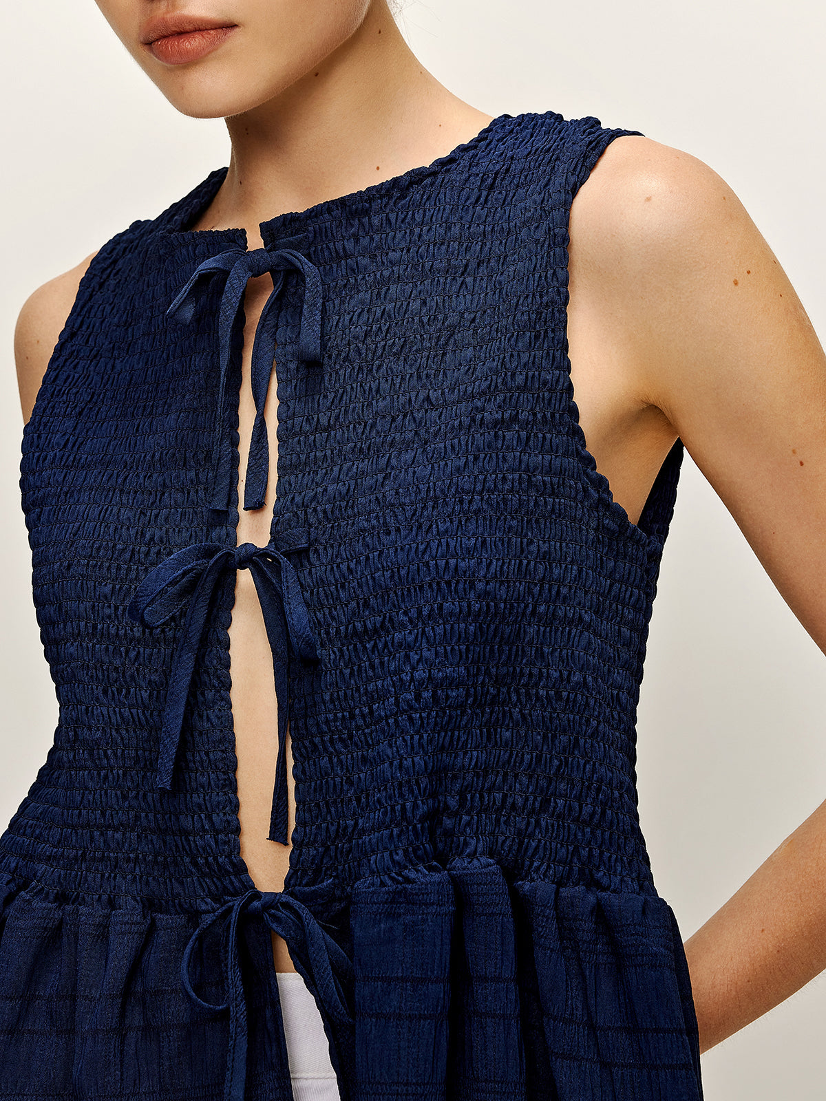 Shirred Lace Up Ruffle Tank Blouse