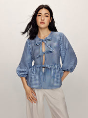 Plaid Tie Front Half Sleeve Blouse