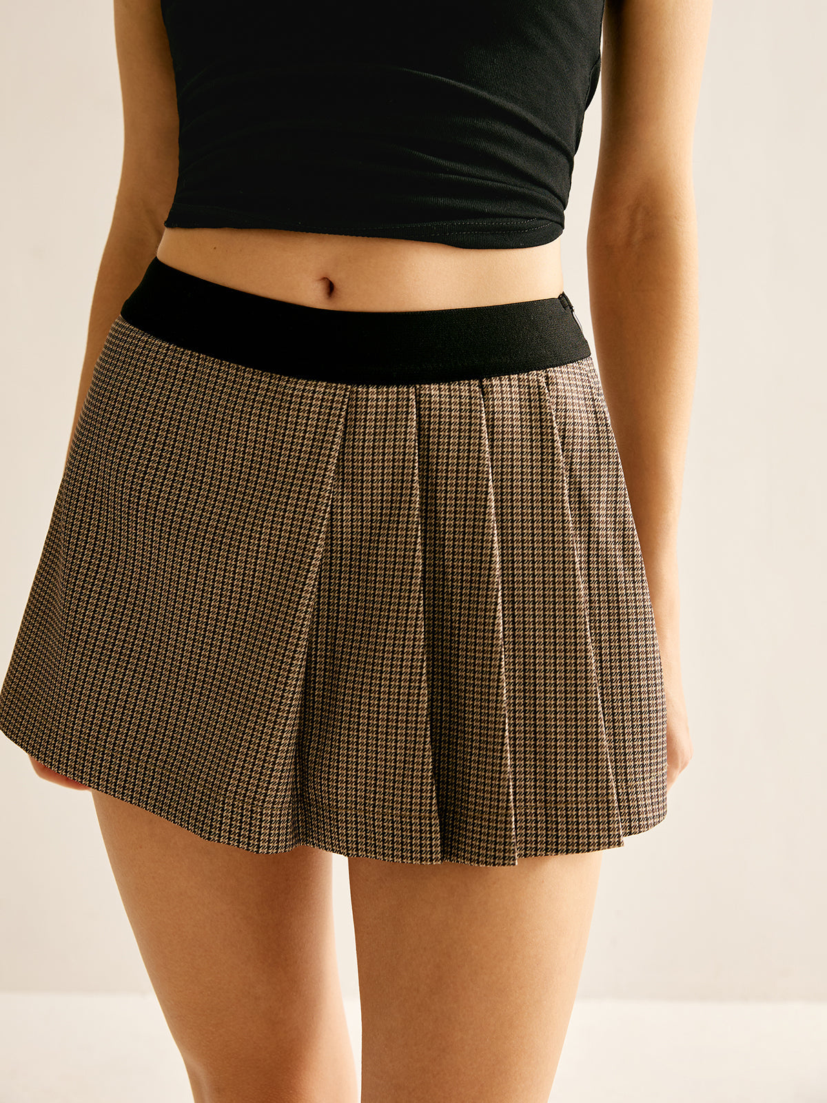 Patchwork Plaid Pleated Shorts