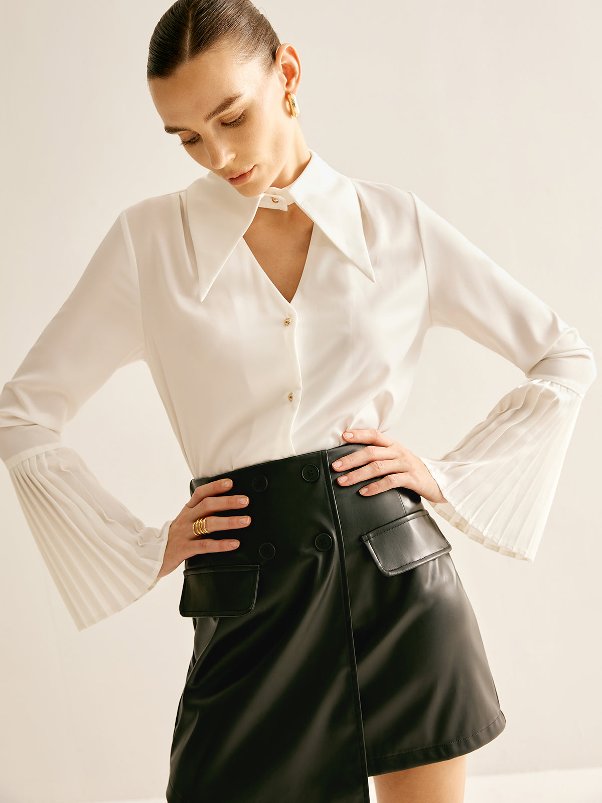 Cutout Plain Button Pleated Cuff Shirt