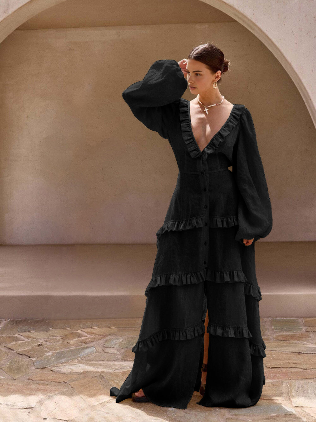 Cotton & Linen V-Neck Ruffle Trim Long Dress
