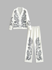 Lapel Printed Elastic Waist Pants Set