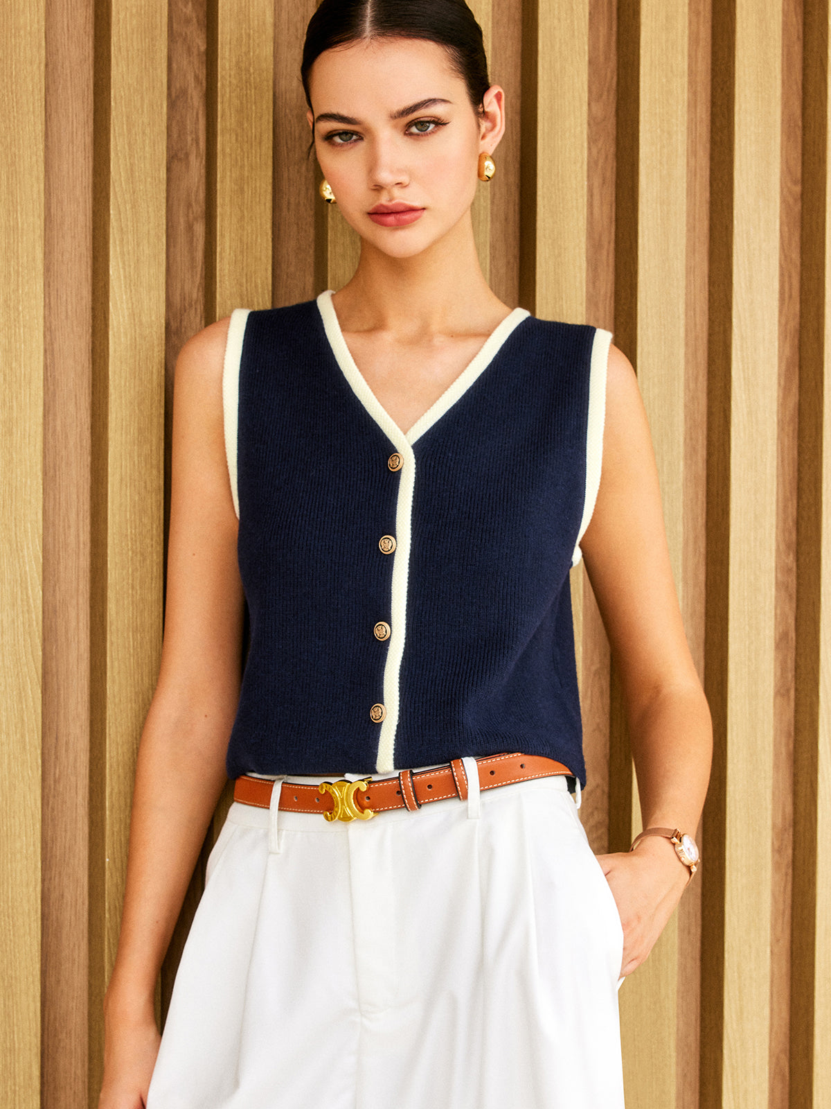 Contrast Binding Golden Button Sweater Vest