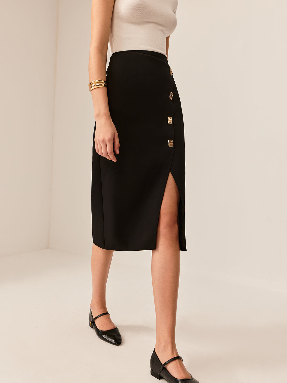 Metal-Detail Split Midi Skirt