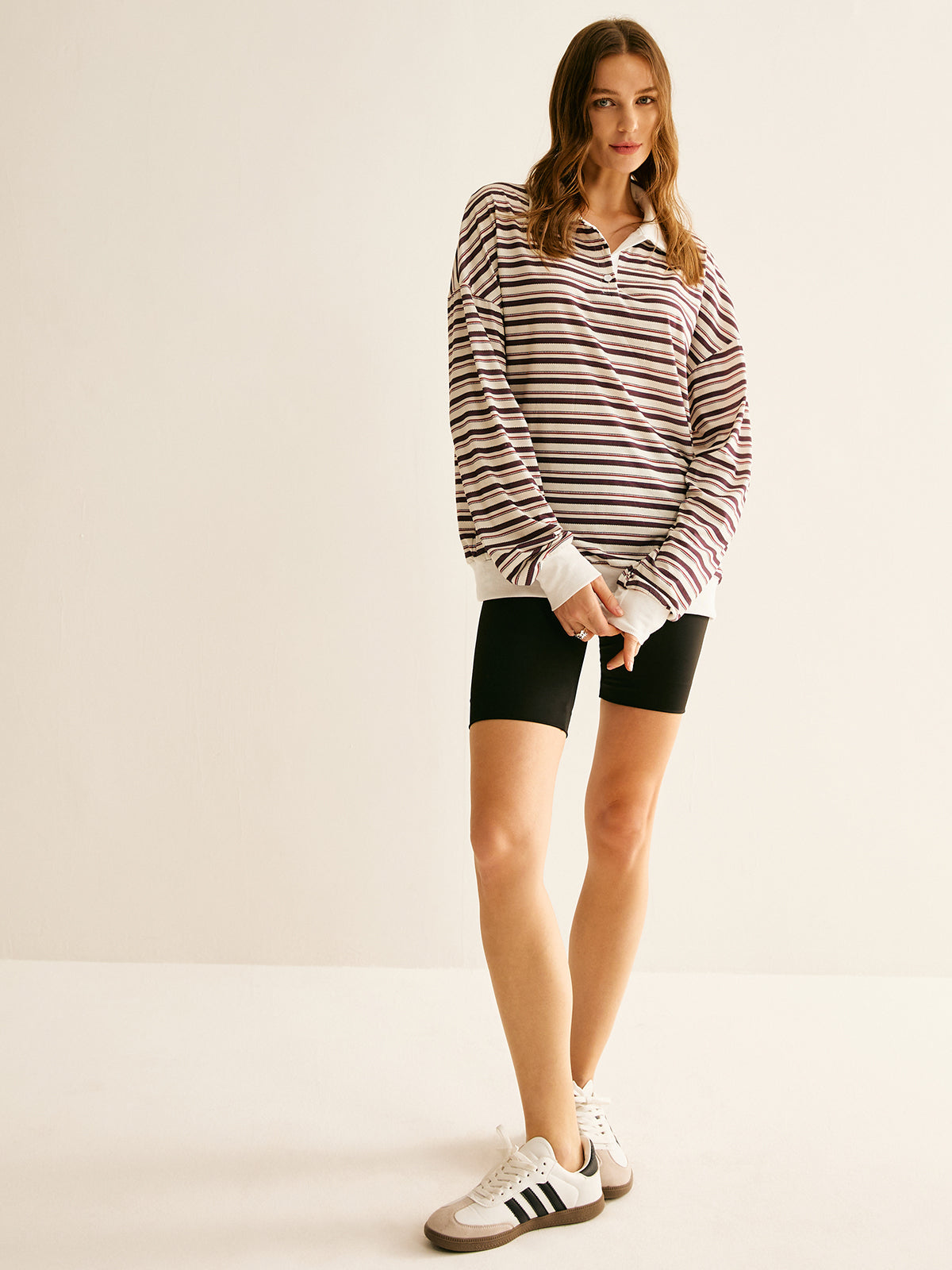 Contrast Trim Striped Polo Sweatshirt