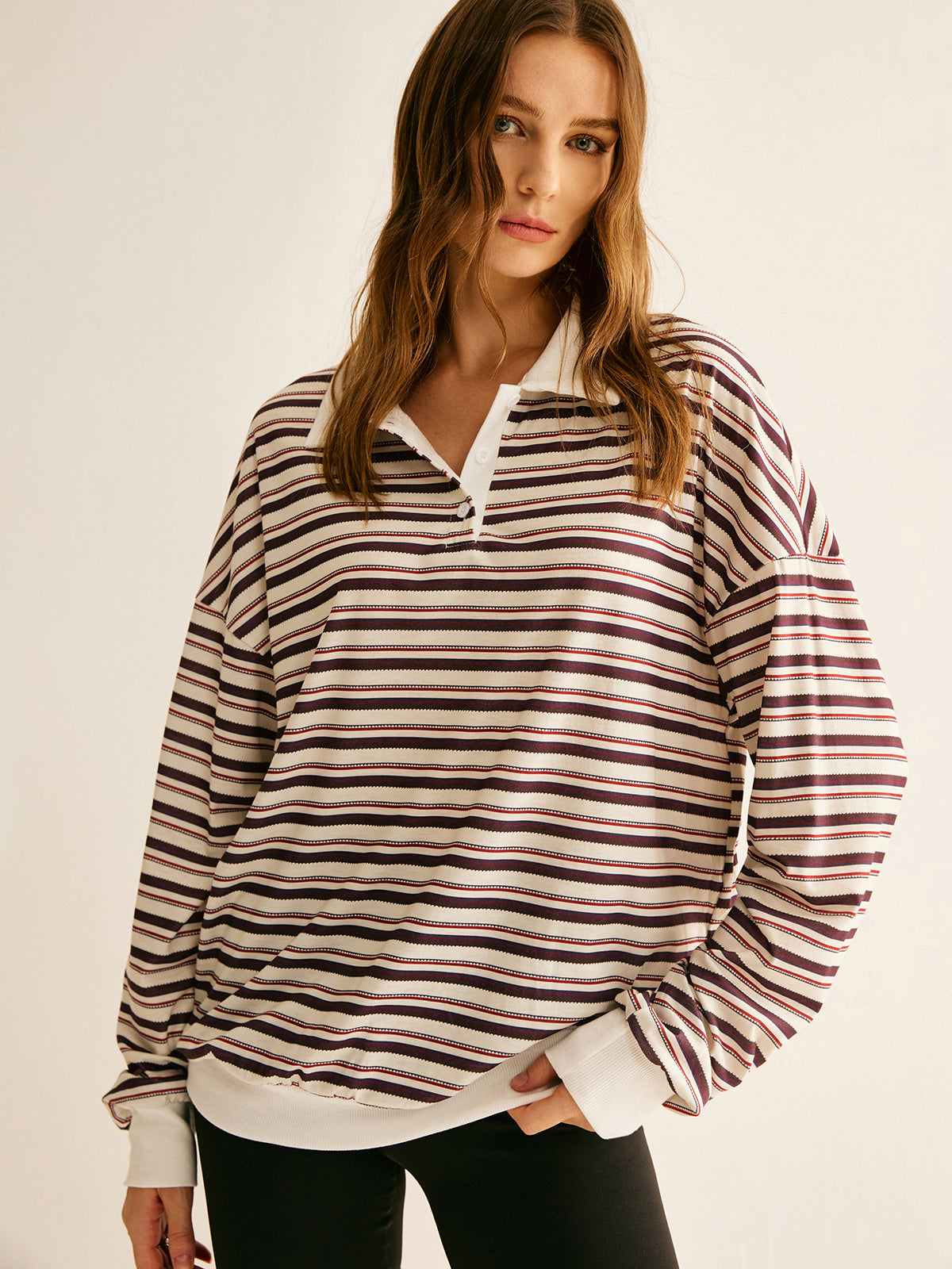 Contrast Trim Striped Polo Sweatshirt